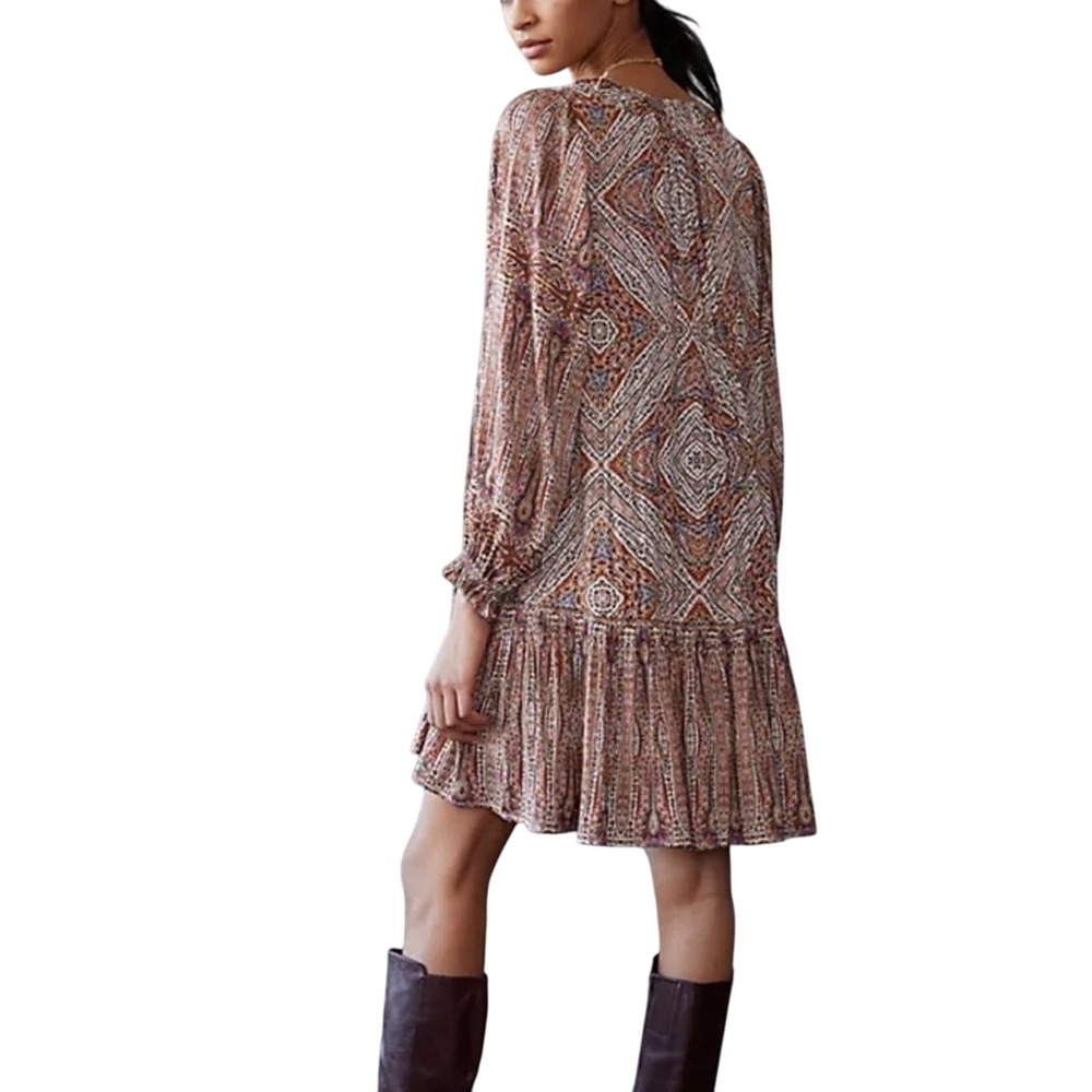 Anthropologie Paisley Medallion Tiered Ruffle Mini Shift Dress Womens SP Brown - Picture 2 of 7